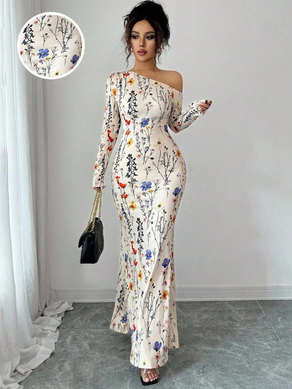 Floral Print Asymmetrical Shoulder Dress