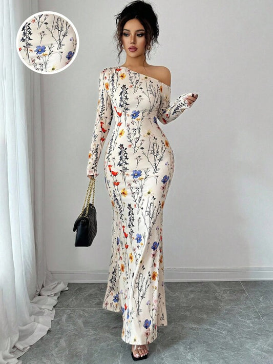 Floral Print Asymmetrical Shoulder Dress