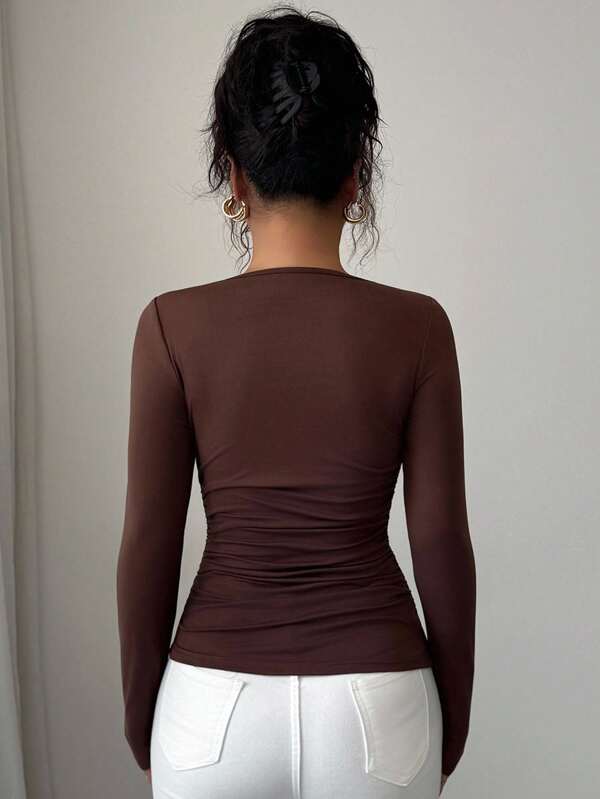 Pleated Asymmetric Collar Short Sleeve T-Shirt