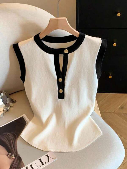 Casual Contrast Color Trim Hollow Out Wide Shoulder T-Shirt