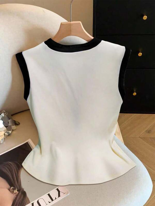 Casual Contrast Color Trim Hollow Out Wide Shoulder T-Shirt