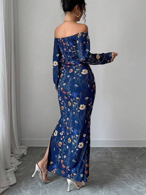 Bodycon High Slit Lantern Sleeve Dress