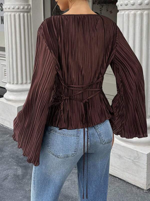 Wide Round Neck Flare Sleeve Cinched Waist Pleated Shirt