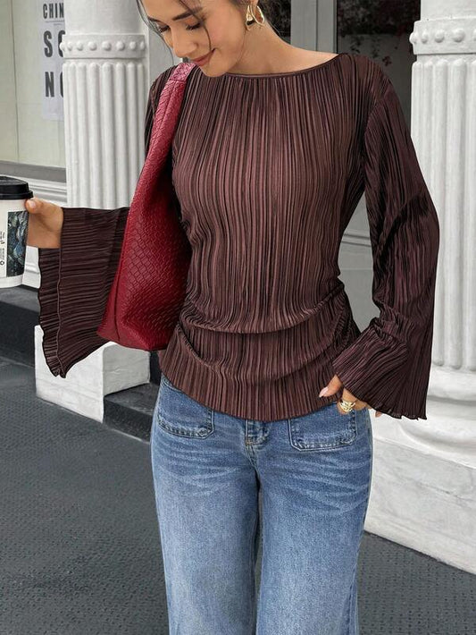 Wide Round Neck Flare Sleeve Cinched Waist Pleated Shirt