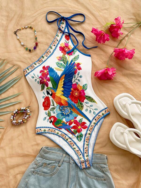 Asymmetrical Shoulder Bowknot swimsuit