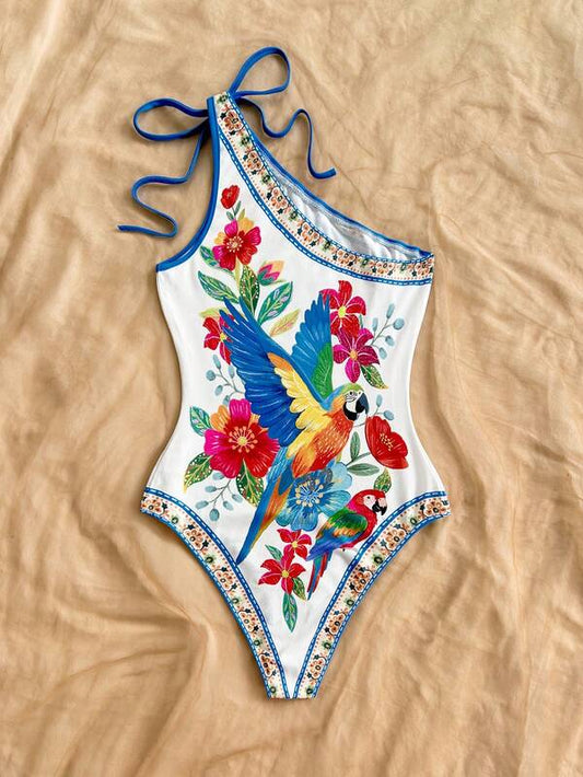 Asymmetrical Shoulder Bowknot swimsuit