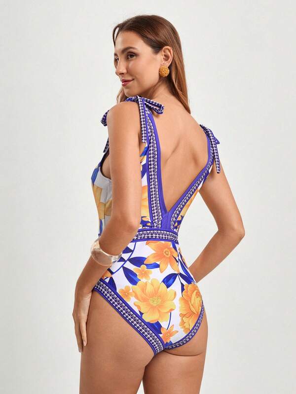 Vintage V-Neck Floral Print One-Piece Swimsuit