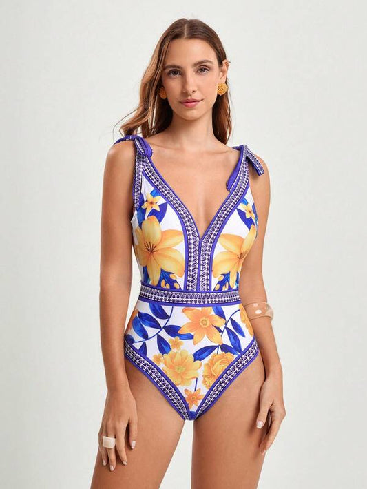 Vintage V-Neck Floral Print One-Piece Swimsuit