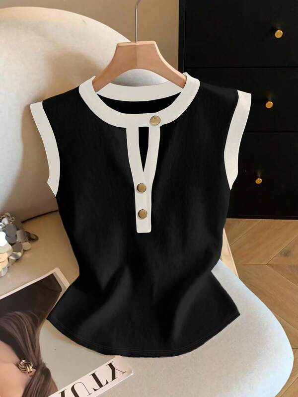 Casual Summer Button Front Cap Sleeves T-Shirt