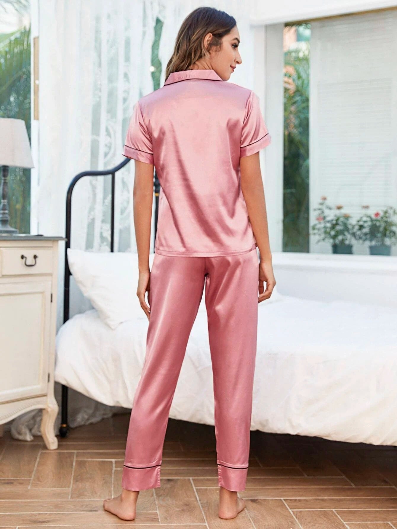 Heart Embroidery Piping Trim Satin PJ Set