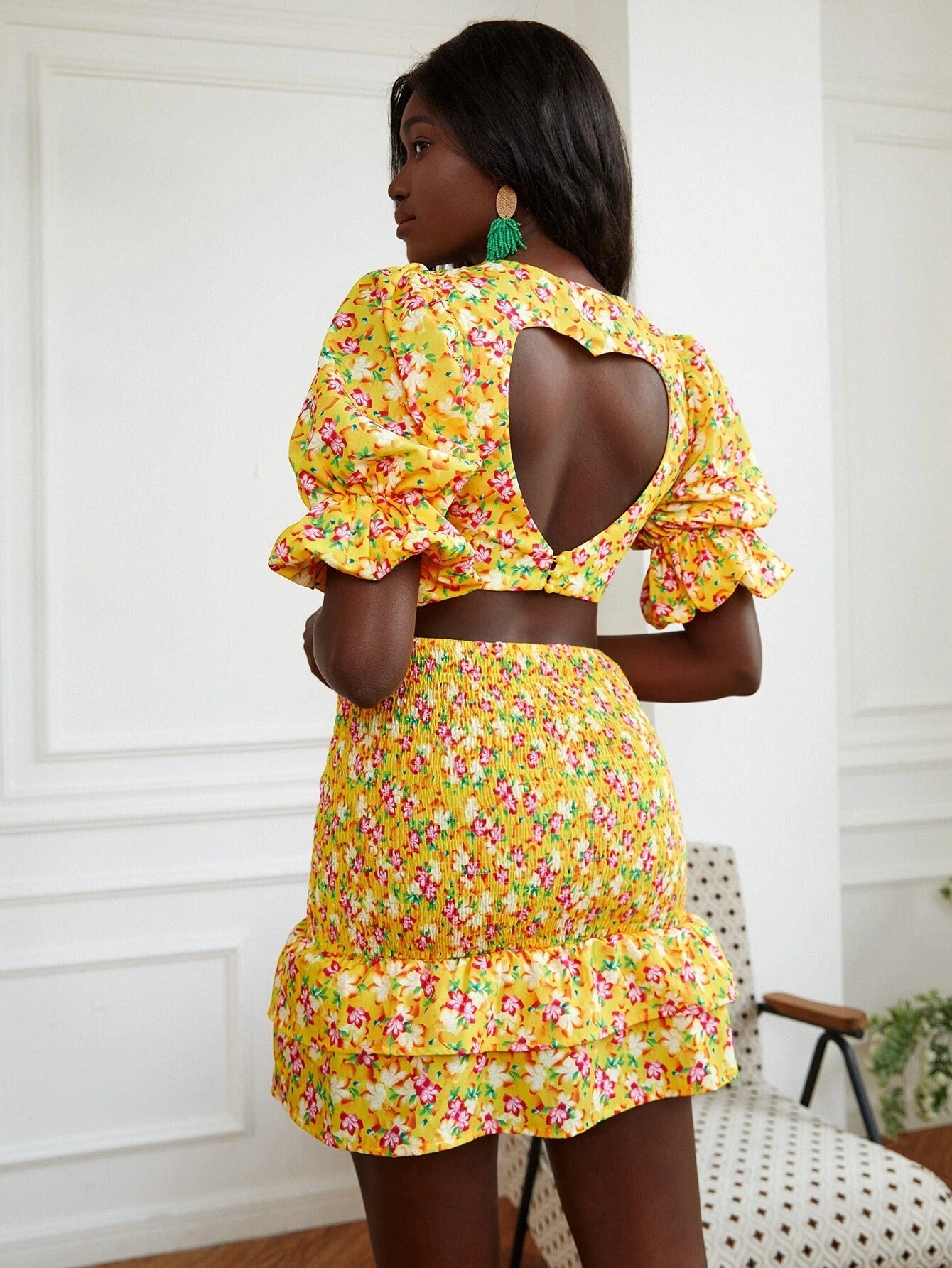 Floral Print Ruffle Cuff Top And Shirred Ruffle Hem Skirt Set