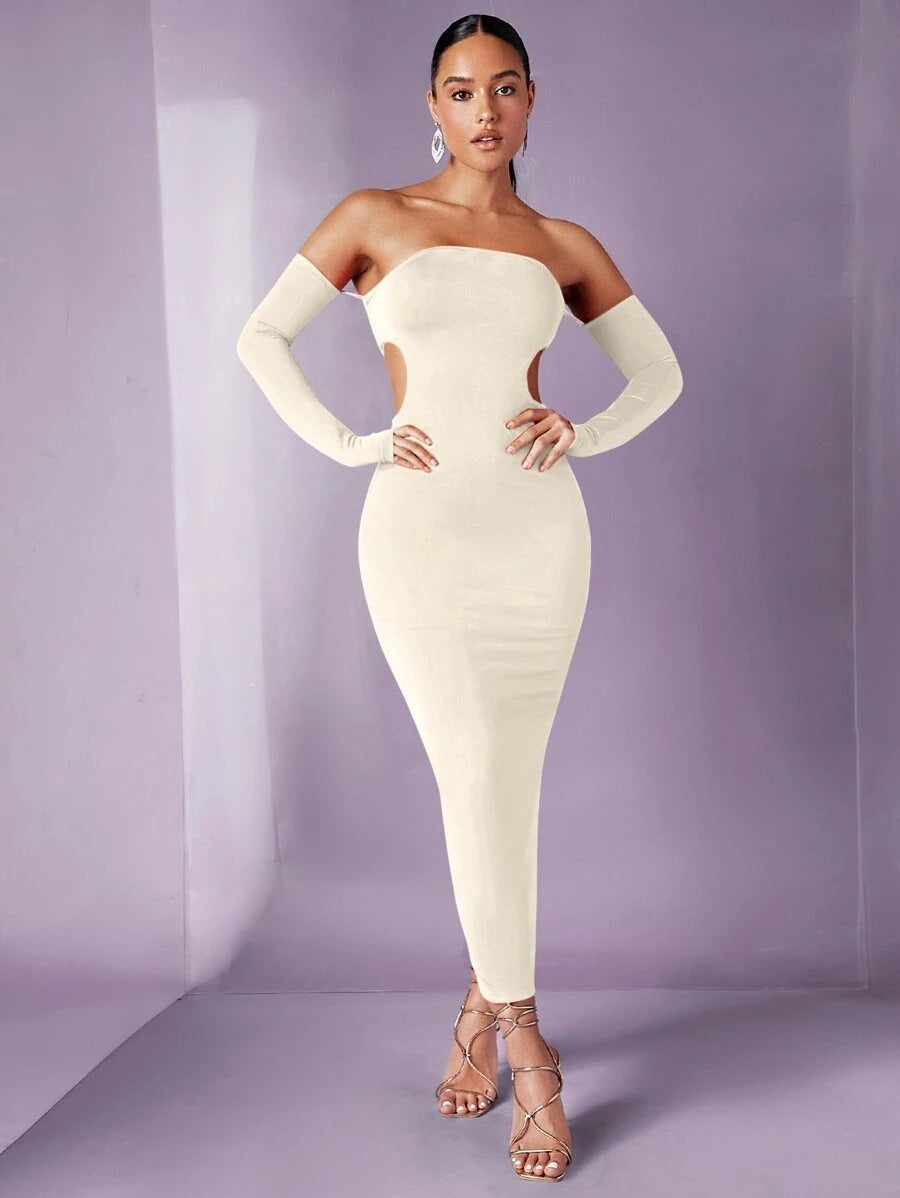 Solid Off Shoulder Cut Out Bodycon Dress