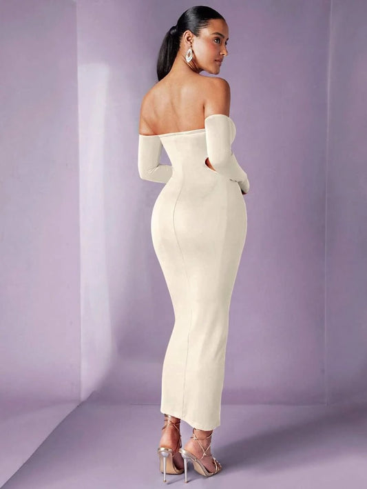 Solid Off Shoulder Cut Out Bodycon Dress