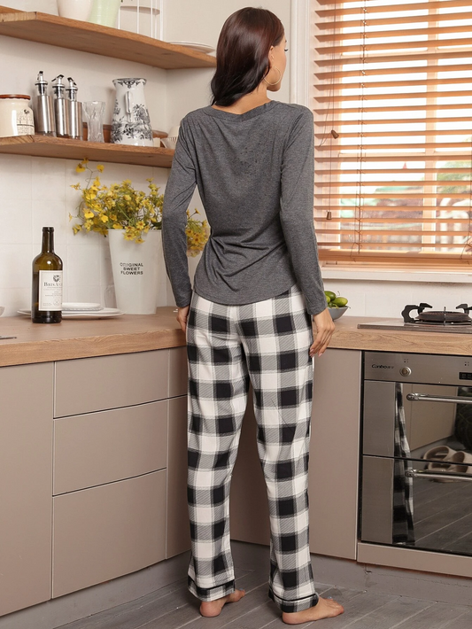 Half Button Tee & Plaid Pants Pajama Set