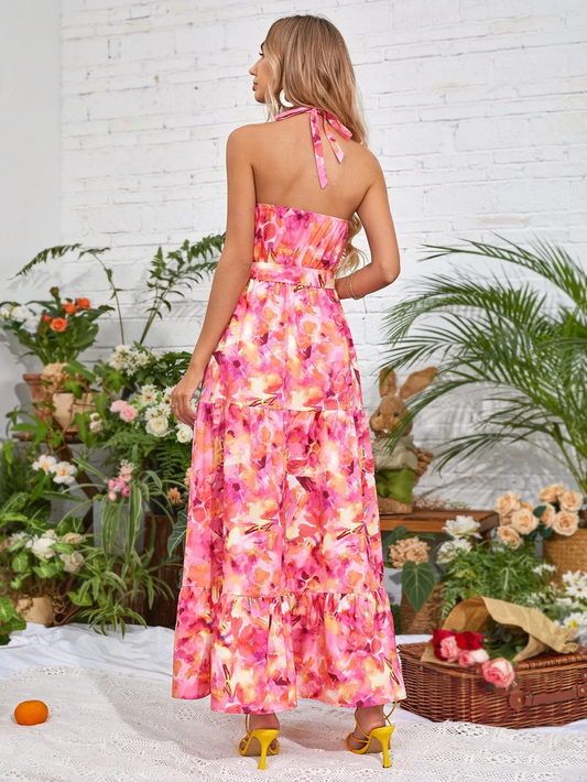 Floral Print Ruffle Hem Belted Halter Dress