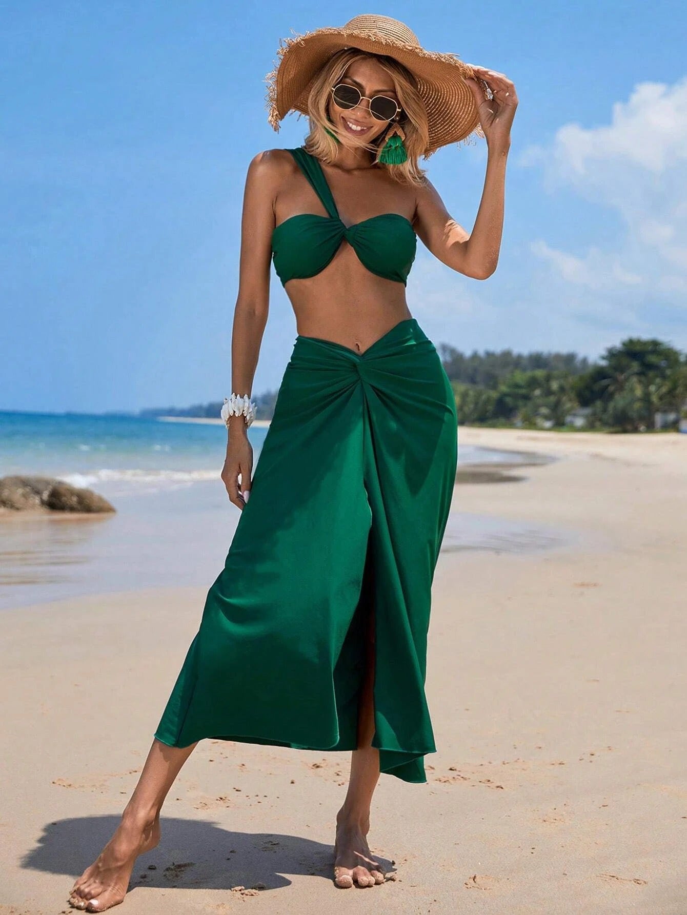 Plain One Shoulder Bikini Swimsuit With Beach Skirt