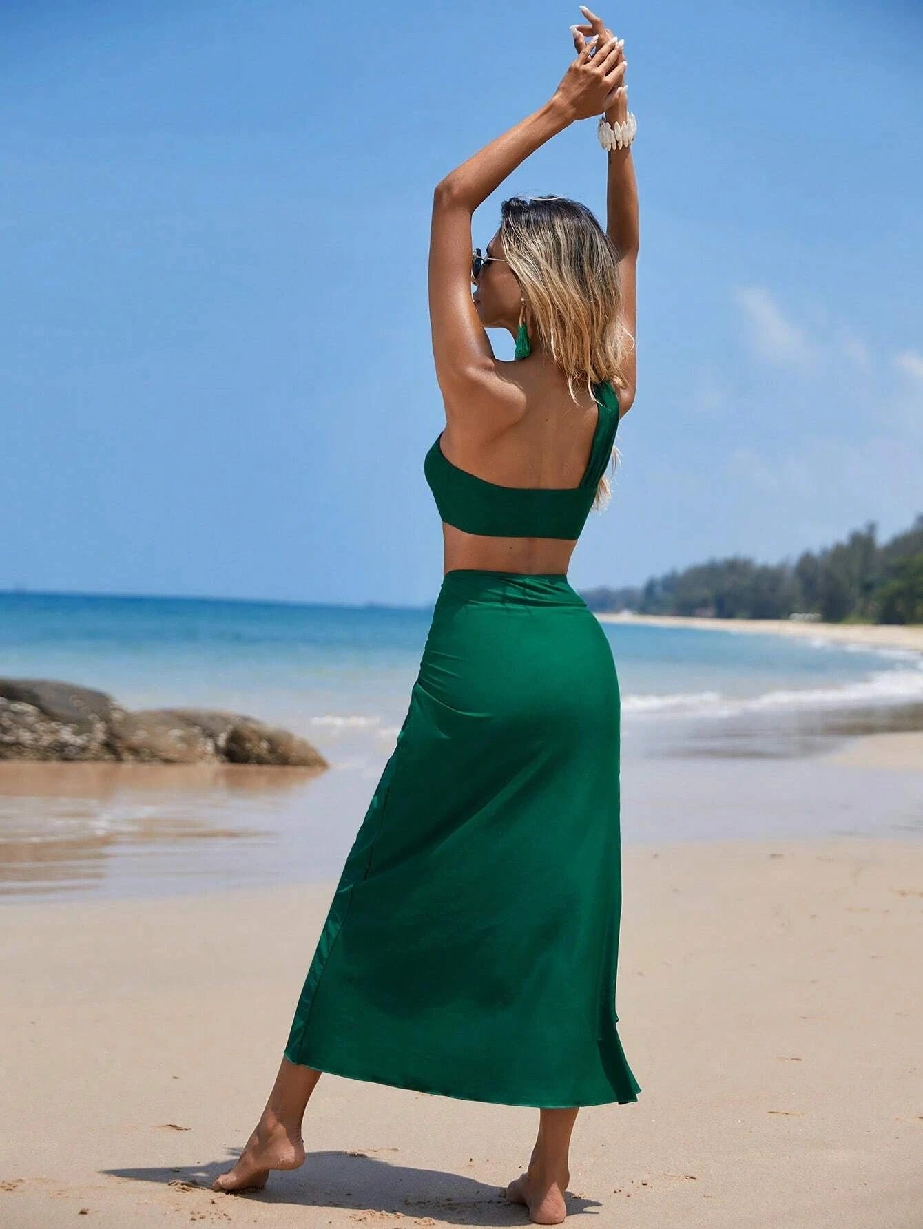 Plain One Shoulder Bikini Swimsuit With Beach Skirt