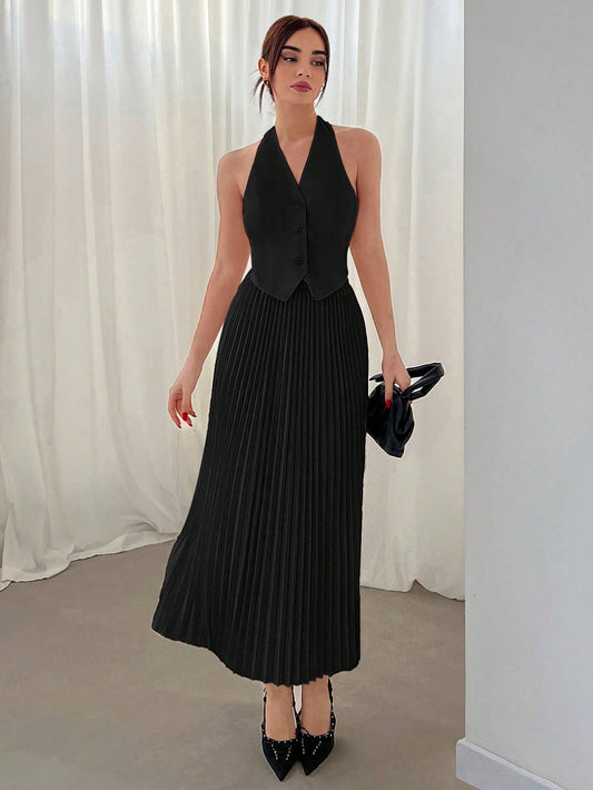 Halter Neck Single Breasted Vest And Pleated Skirt Two Piece Set