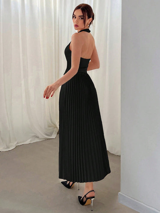 Halter Neck Single Breasted Vest And Pleated Skirt Two Piece Set