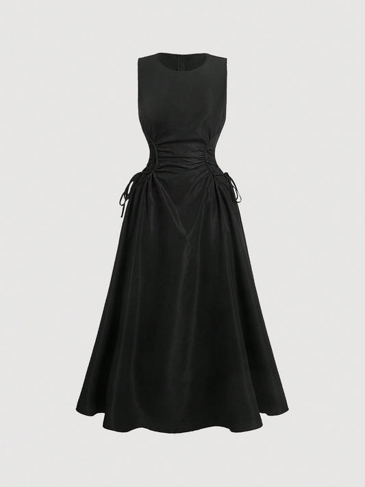 Black Solid Ruched Detail Long Dress