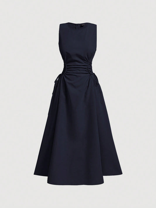 Navy Blue Solid Pleated Long Dress