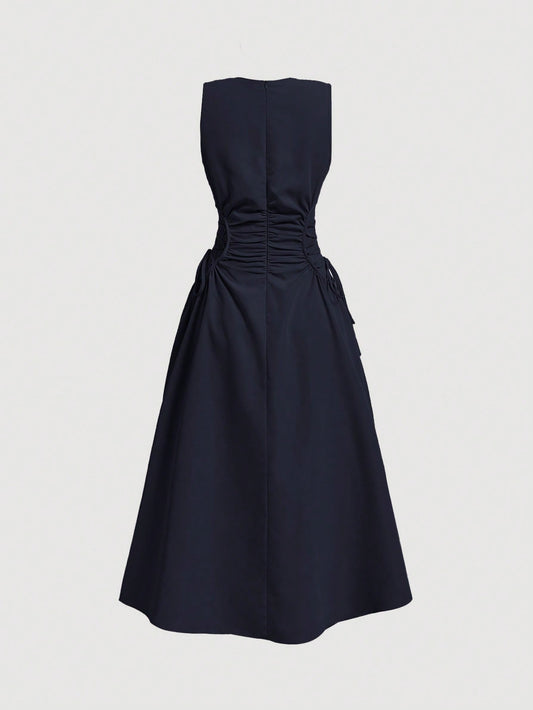 Navy Blue Solid Pleated Long Dress