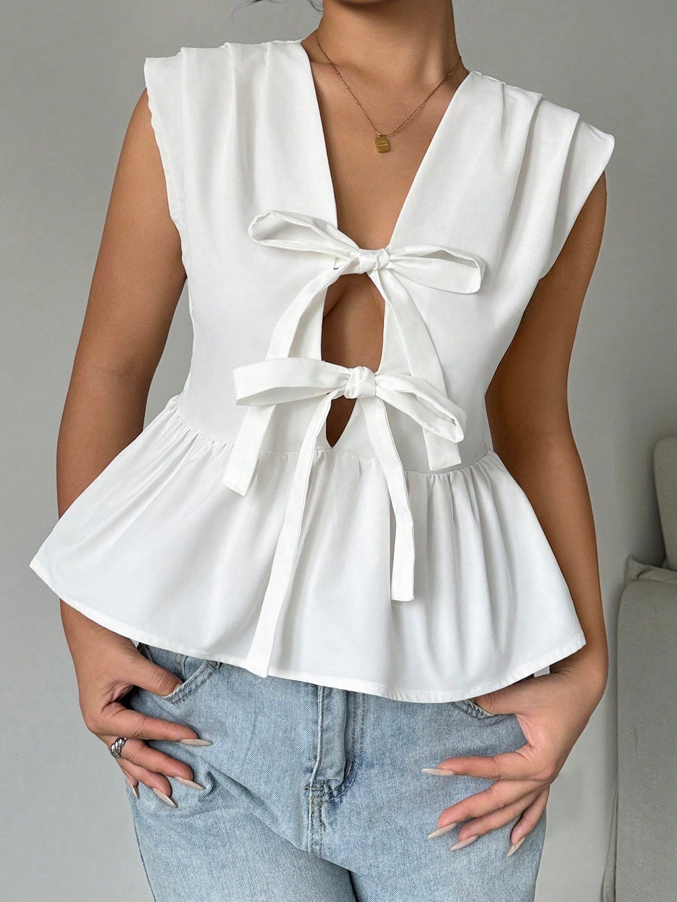 Solid Tie Front Peplum Blouse
