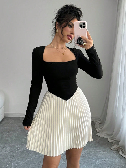 Swan Neck Long Sleeve Pleated Hem Elegant Dress