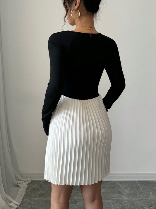 Swan Neck Long Sleeve Pleated Hem Elegant Dress