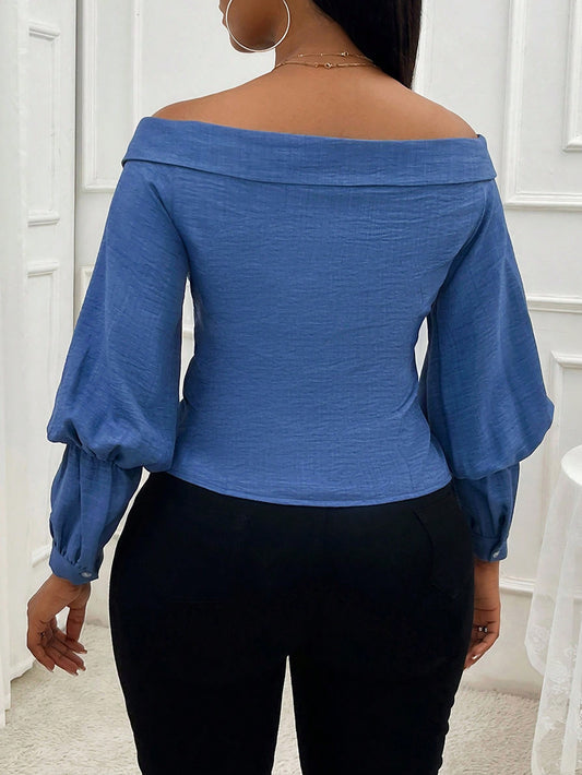 Denim-Like Off-Shoulder Long Sleeve Blouse