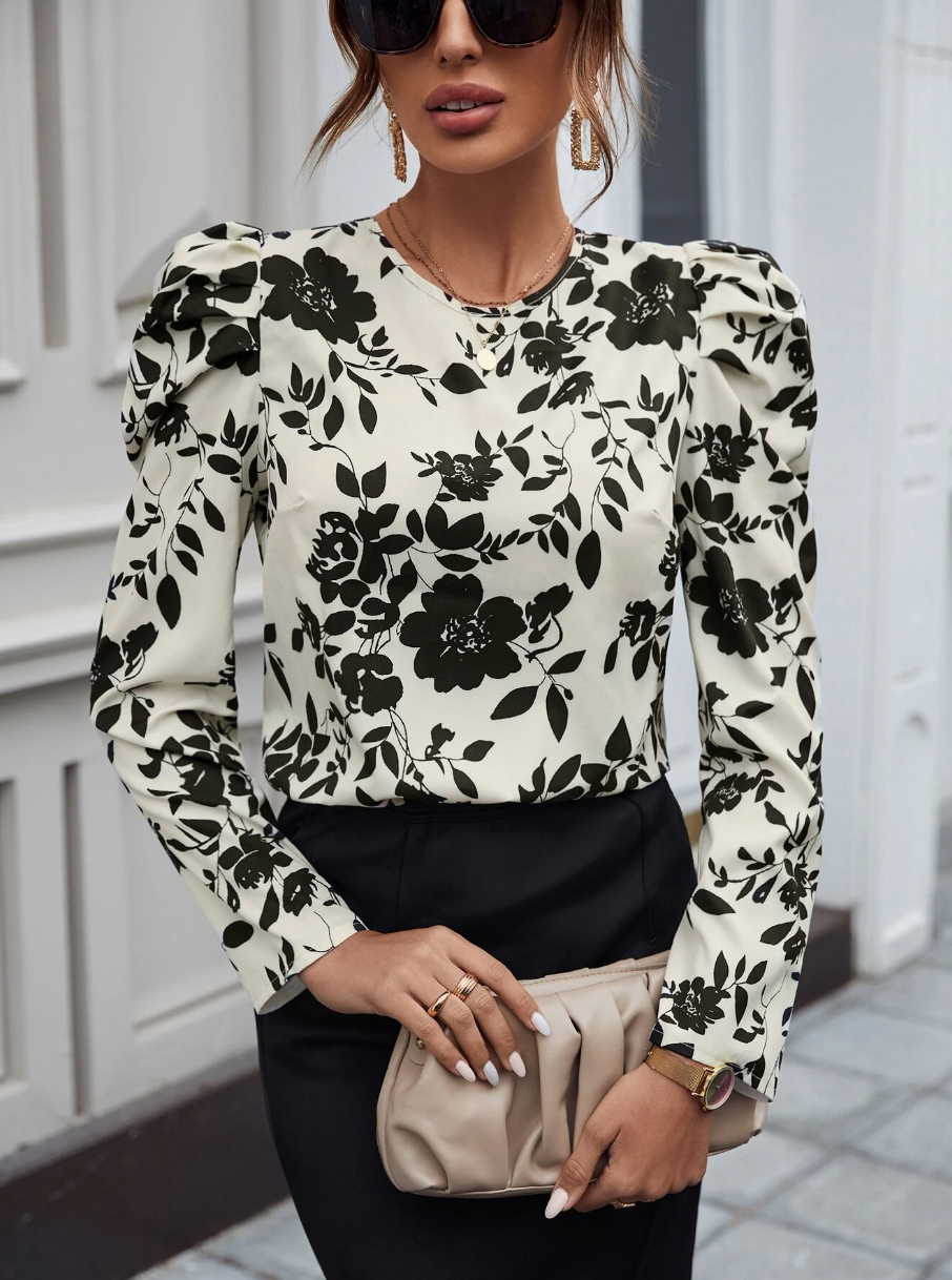 Floral Print Tie Back Gigot Sleeve Blouse
