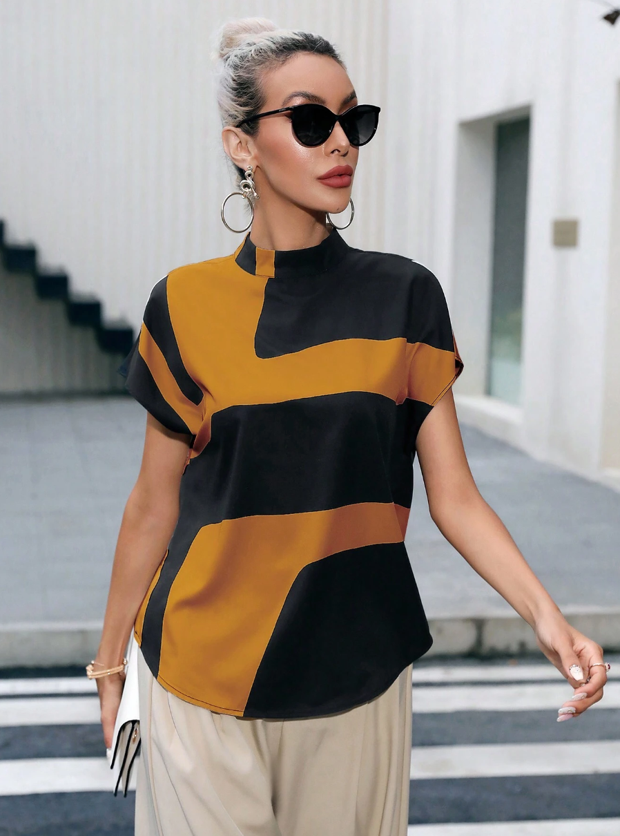 Colorblock Batwing Sleeve Blouse