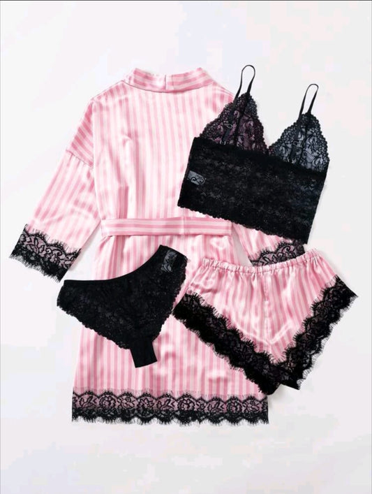 5pack Striped Contrast Lace Satin Lingerie Set & Robe