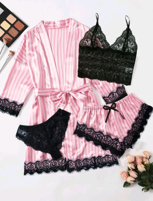 5pack Striped Contrast Lace Satin Lingerie Set & Robe