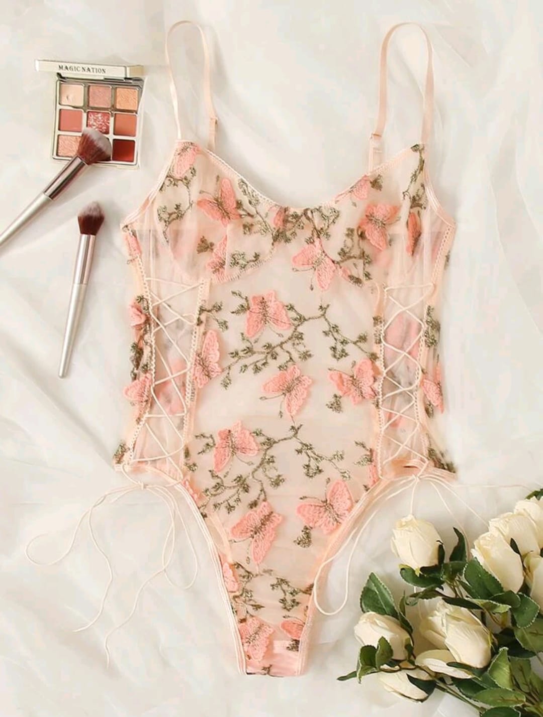 Butterfly Embroidered Mesh Teddy Bodysuit