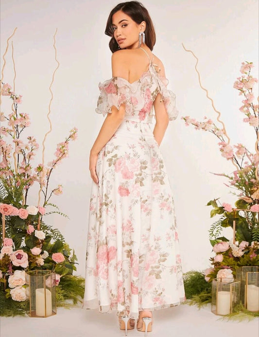 Floral Print Ruffle Trim Cold Shoulder Bridesmaid Dress