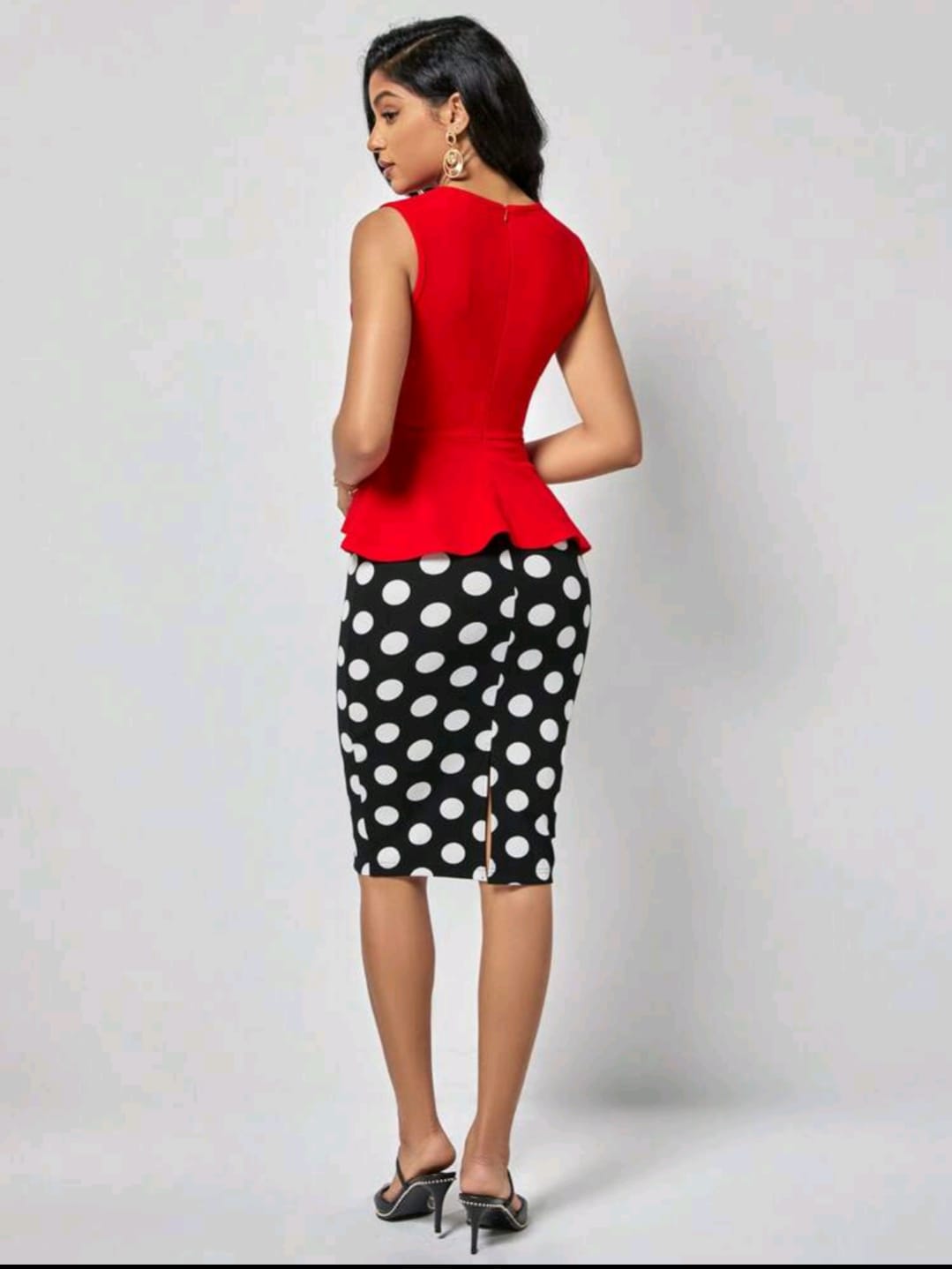 Solid Peplum Top & Polka Dot Print Skirt