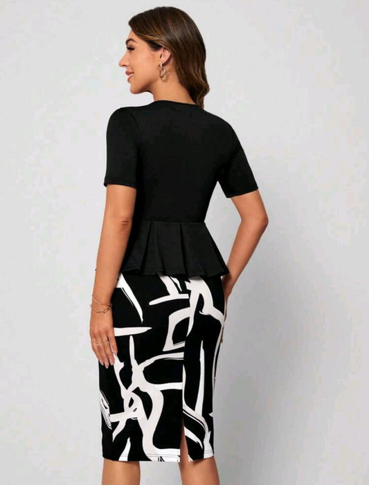Solid Peplum Top & Graphic Print Skirt