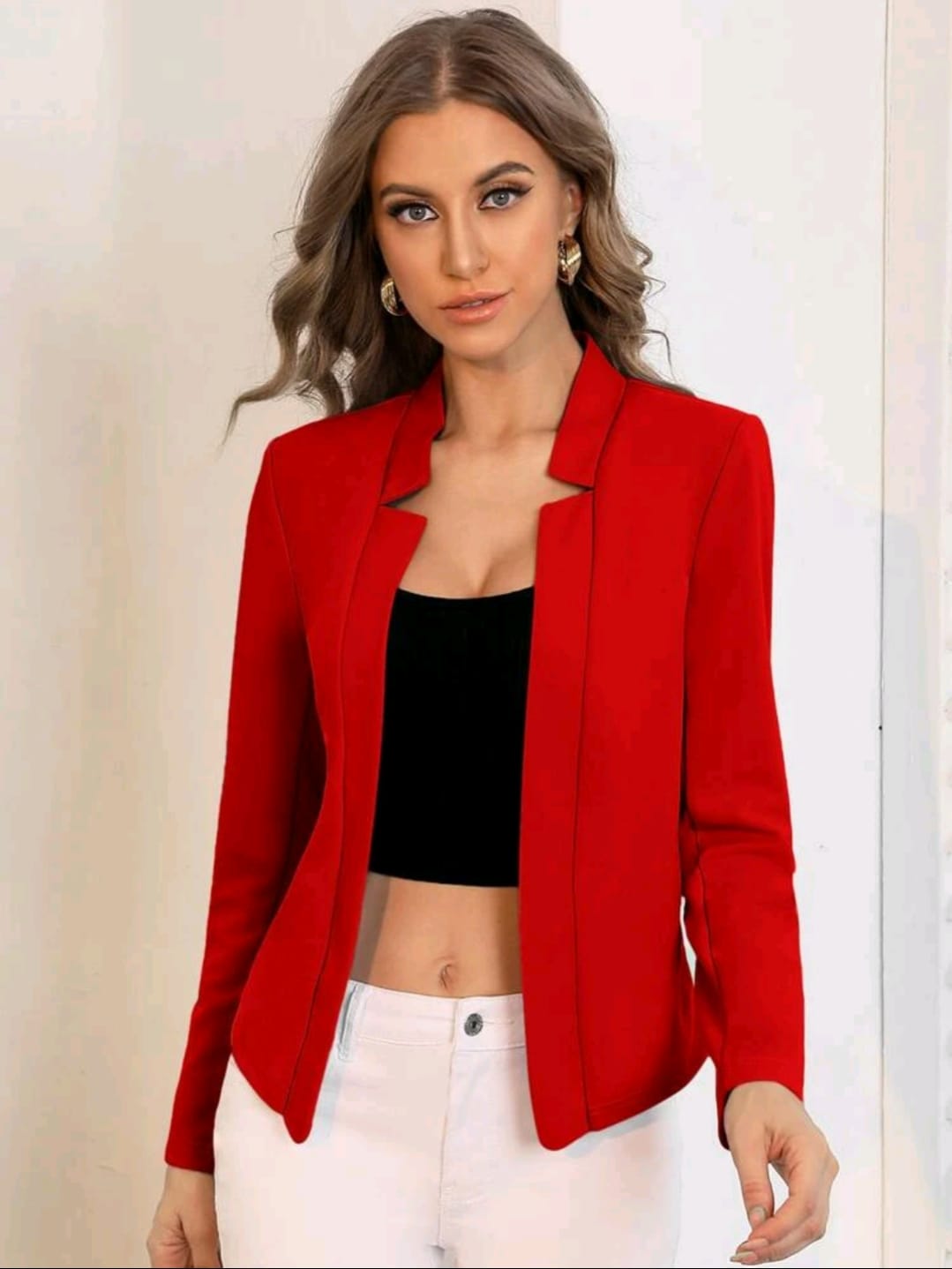 Solid Notched Detail Open Front Blazer Workwear