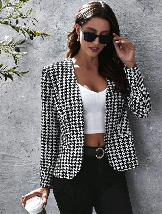 Open Front Houndstooth Jacket