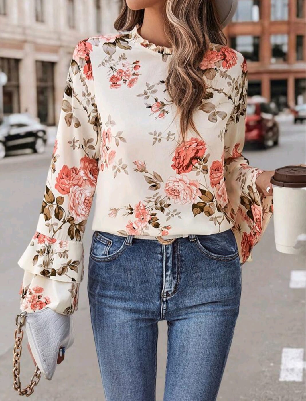 Floral Print Flare Sleeve Frill Neck Blouse
