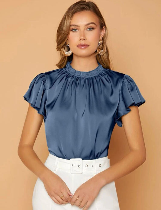 Frill Neck Butterfly Sleeve Satin Top