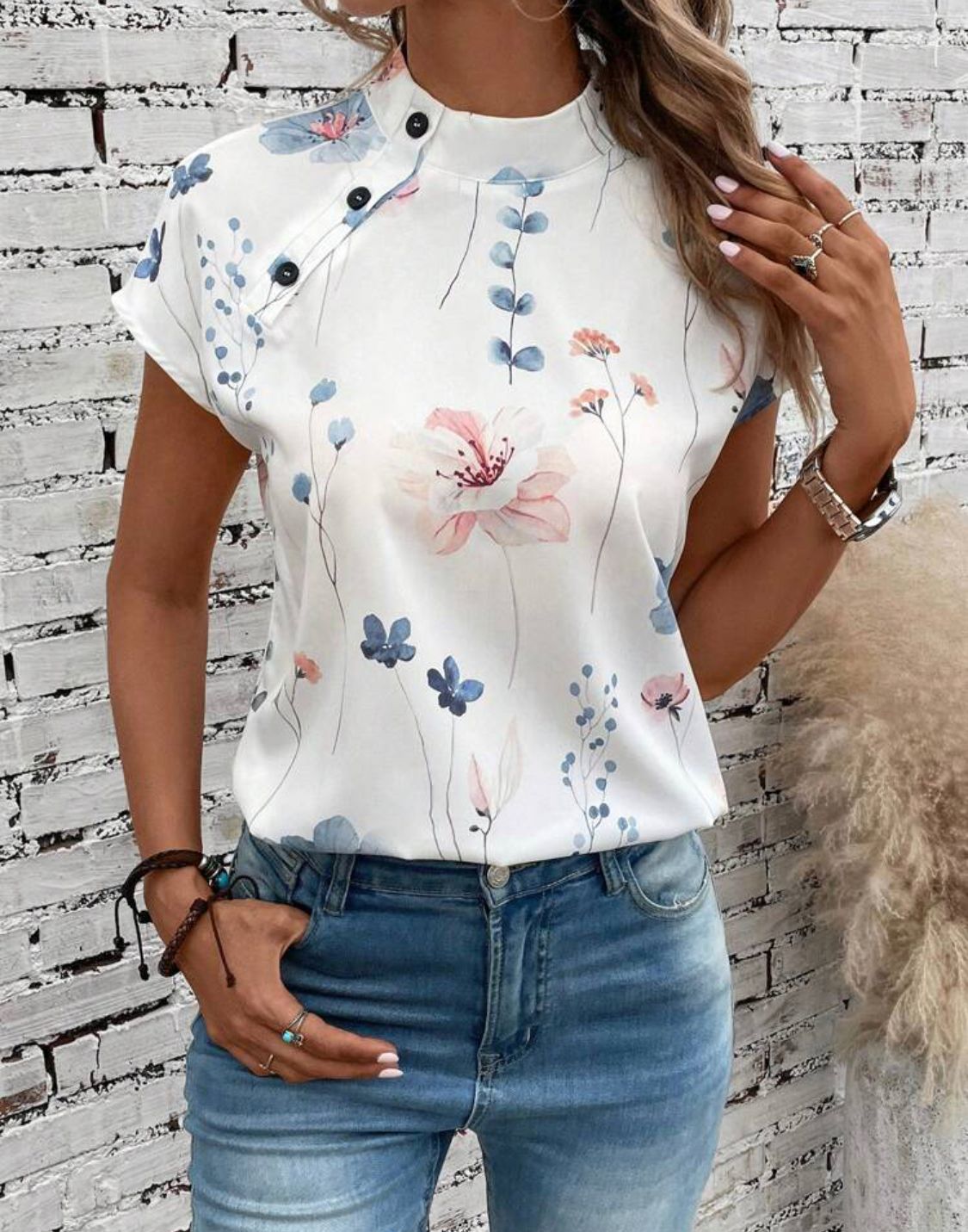 Floral Print Button Detail Batwing Sleeve Blouse
