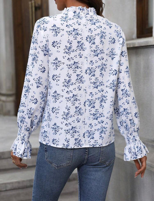 Floral Print Flare Sleeve Tie Neck Blouse