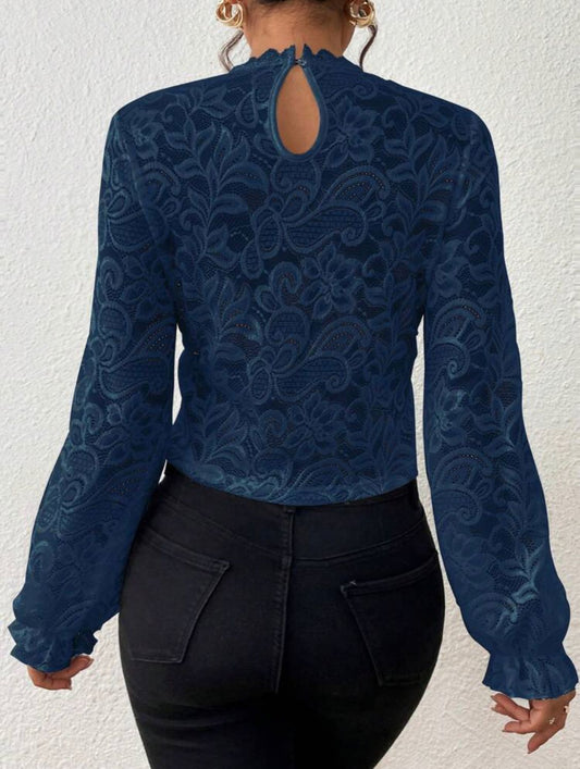Guipure Lace Insert Flounce Sleeve Blouse