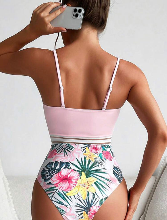 Tropical Print Contrast Mesh Push Up One Piece Swimsuit