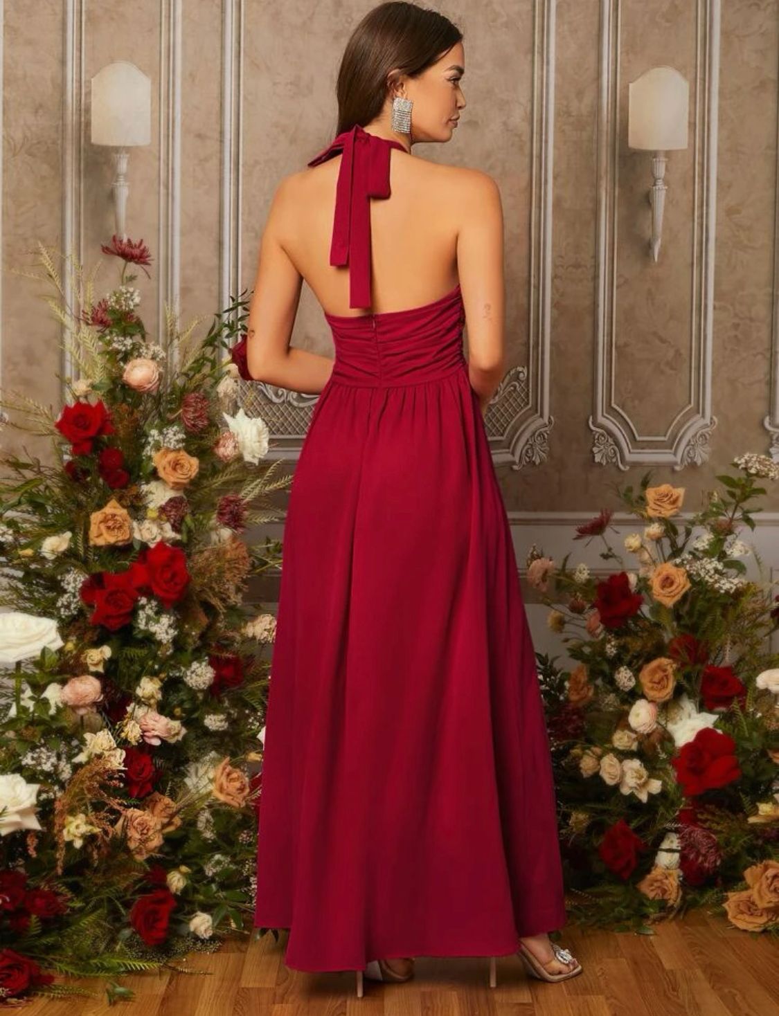 Backless Split Thigh Cut Out Halter Formal Bridesmaid Dress