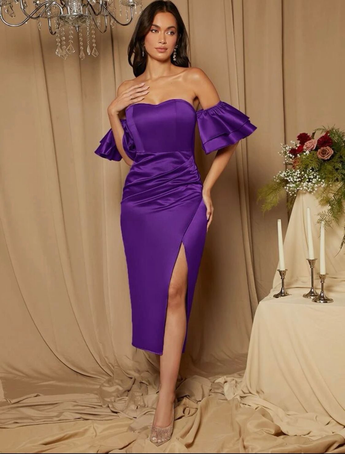 Off Shoulder Ruched Split Thigh Dress – Glamexpresstt