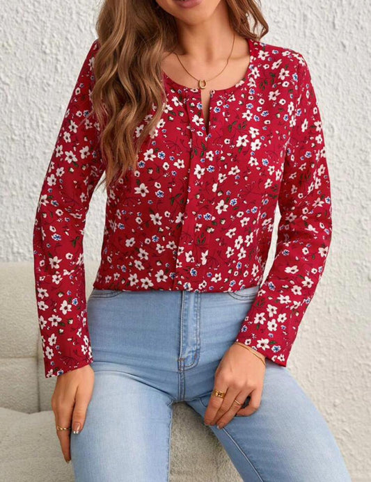 Ditsy Floral Print Notched Neck Blouse