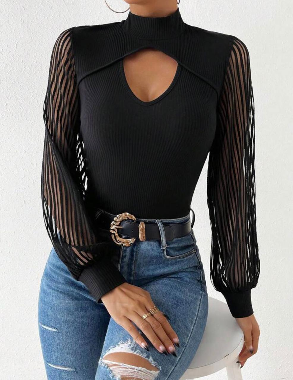 Mesh Cut Out Front Mock Neck Lantern Sleeve Top